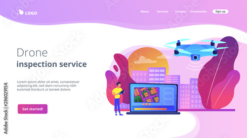 Birds eye view position. Live streaming droning, flight. Aerial videography, professional aerial video, drone inspection service concept. Website homepage landing web page template.