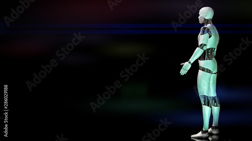 futuristic robot, male cyborg looking at a black stage background