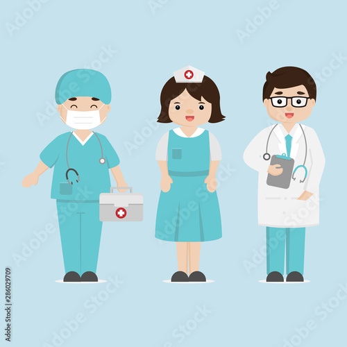 Medical staff team concept in hospital. Doctor and nurse cartoon characters. 