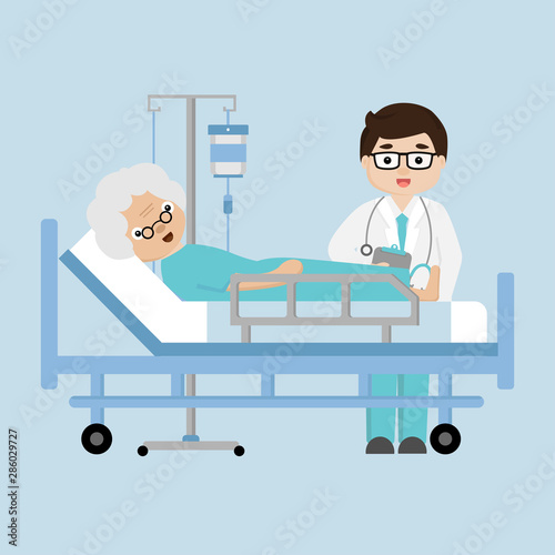 Doctor's visit  patient elderly woman lying in a medical bed.