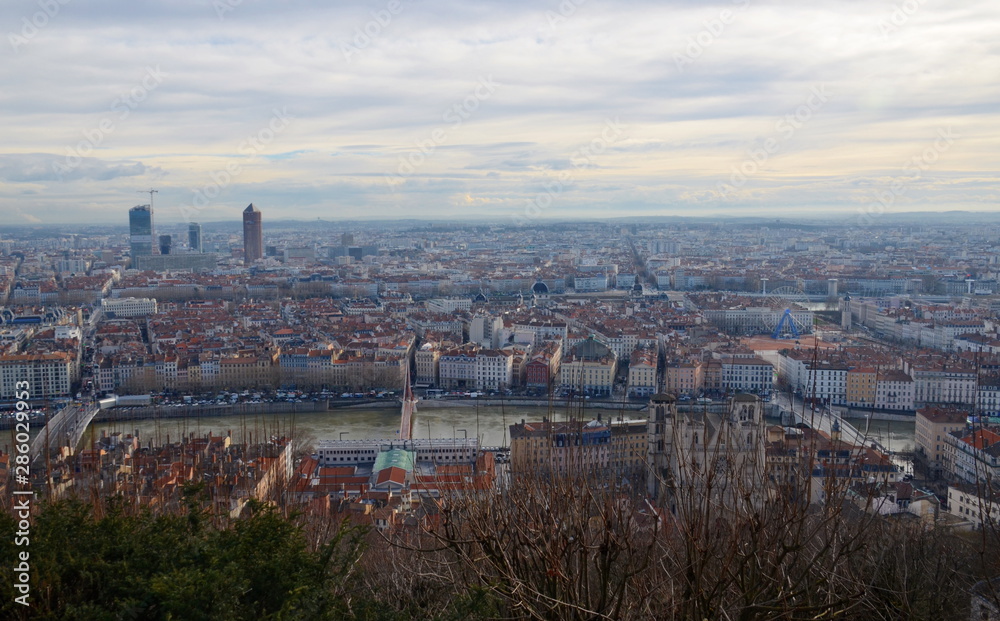 Aerial view on Lyon city in France. City center view.