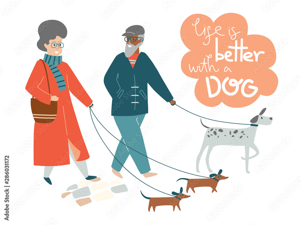 Elderly couple walking dogs together. life is better with a dog Elderly couple walking dogs together. life is better with a dog