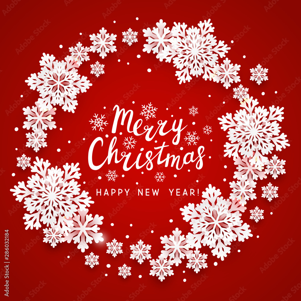 Christmas greeting card with paper snowflakes round frame on red background for Your holiday design