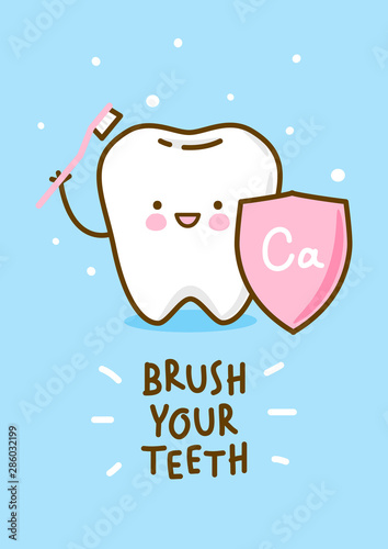 Cute little tooth with shield and brush on blue background