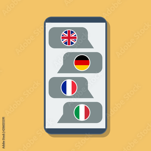 online translator or multilingual chat in messenger, mobile phone with english german french italian flags, flat vector illustration