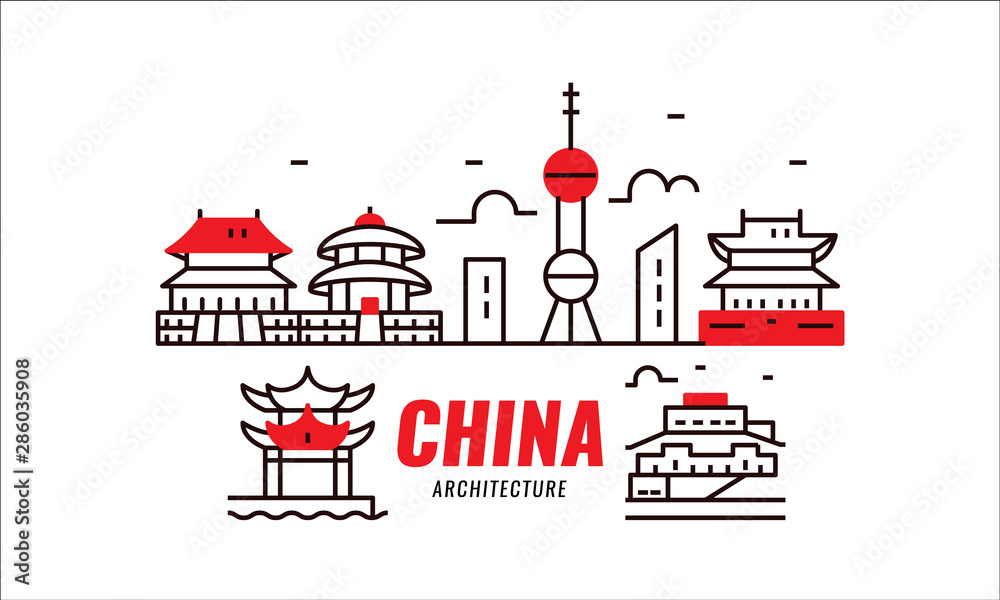 China travel. Chinese traditional architecture, building and culture. Flat design icons. vector illustration