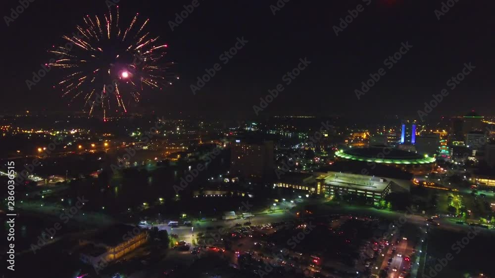 Aerial Drone shot of a fireworks show over Wichita, Kansas