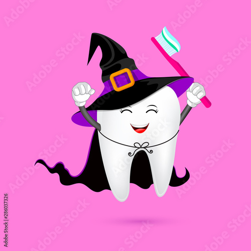 Cute cartoon tooth character design of Witch. Happy Halloween concept. Illustration for your poster, banner, greeting card and party invitation.
