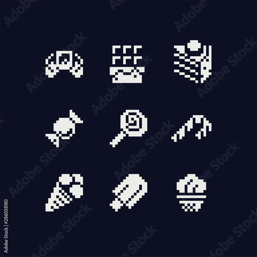 Sweets pixel art icons set. Sweet food, candies, chocolate, donut, wafer, cake, croissant and cookies isolated black and white vector illustration. Baked tasty food. Logo bakery, sticker and app. 