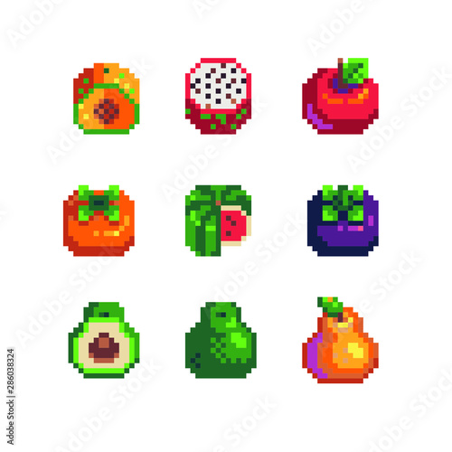 Fruits pixel art icons set,watermelon, peach, dragon, fruit, pear, avocado, orange and mangosteen. Design for logo, sticker and mobile app. Isolated vector illustration. © thepolovinkin