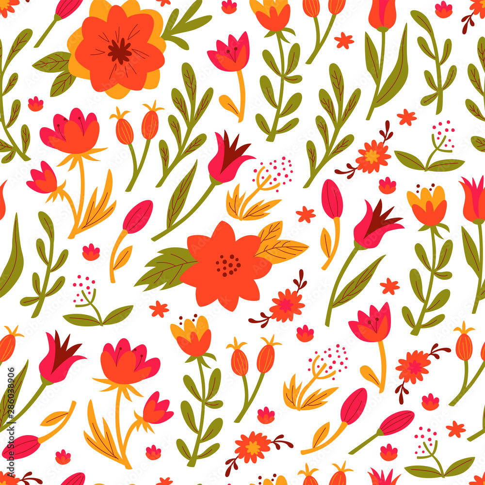 Seamless Abstract Pattern with Floral Elements. Cute Seamless Ornament with Flower and Leaves. Seamless Abstract Pattern with Floral Elements. Cute Seamless Ornament with Flower and Leaves.