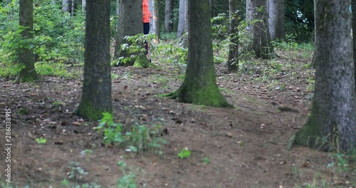 Young woman during her training in the forest. Health jogging. Girl professes health lifestyle. Shallow DOF. photo