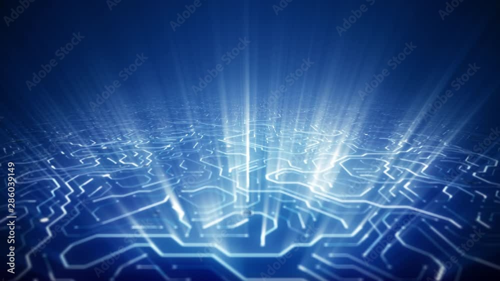Endless Travel Over Deep Blue Circuitboard Light Ray Burst Background Loop