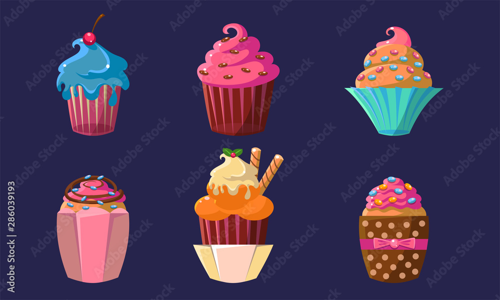 Delicious Cupcakes Set, Colorful Creamy Desserts with Different Ingredients Vector Illustration