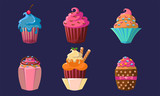 Delicious Cupcakes Set, Colorful Creamy Desserts with Different Ingredients Vector Illustration