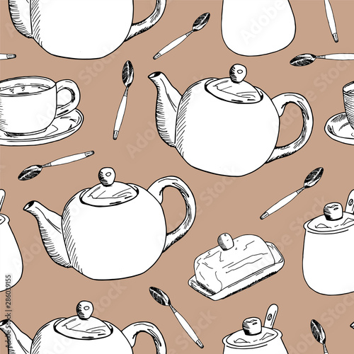 Hand draw seamless pattern. Cup of coffee, tea time. Vector illustration.