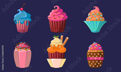 Delicious Cupcakes Set  Colorful Creamy Desserts with Different Ingredients Vector Illustration