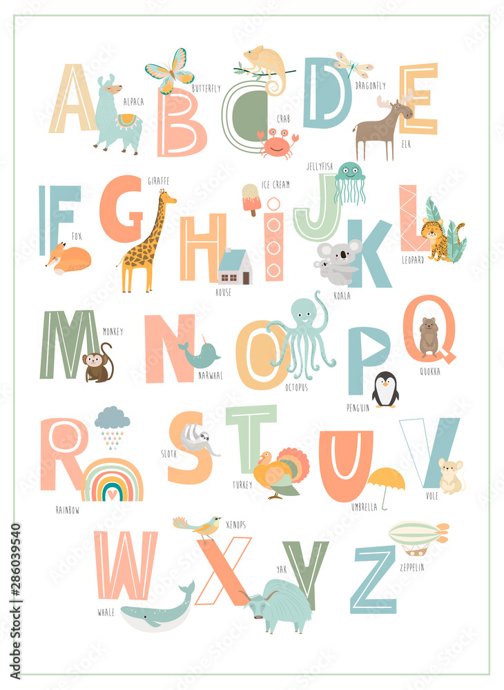 Plakat Alfabet angielski dla dzieci, od A do Z ze zwierzętami kreskówka. Edytowalna ilustracja wektorowa