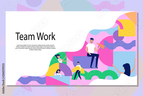 Teamwork and organization concept. Illustration of group of people organizing and arranging abstract geometric shapes. Editable vector illustration. Web Page Banner.