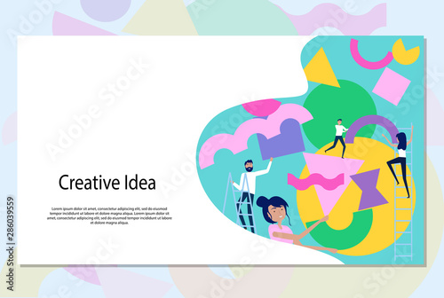 Creating creative ideas concept. Illustration of group of people organizing and arranging abstract geometric shapes. Editable vector illustration. Web Page Banner.