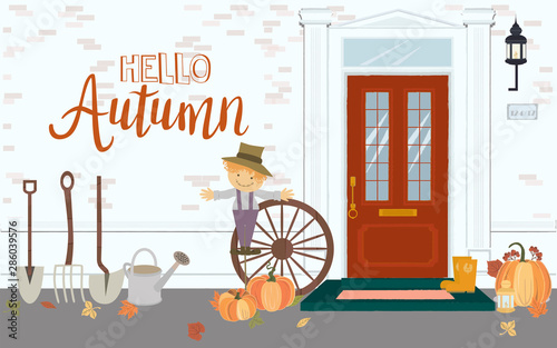 Hello Autumn illustration with Front Door House Exterior Entrance and autumn elements. Editable vector illustration