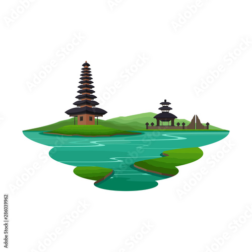 Bali Indonesia Ancient Temple and Island Landscape Vector