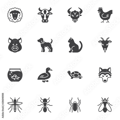 Insects and animals vector icons set, modern solid symbol collection, filled style pictogram pack. Signs, logo illustration. Set includes icons as spider, turtle, goat, bull, sheep, pig, cow, dog, cat