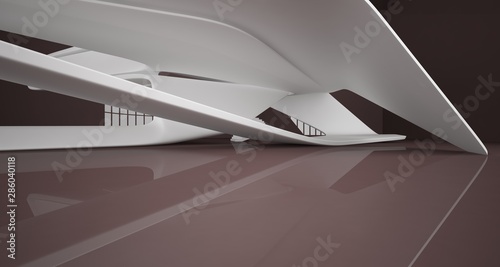 Abstract smooth architectural white and brown gloss interior of a minimalist house with large windows. 3D illustration and rendering.