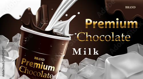 Delicious dark chocolate drink and milk with falling in a clear plastic cup and splash on brown color background, luxury Dessert