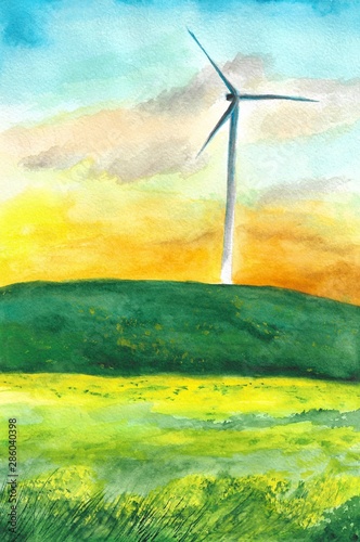 watercolor landscape with colorful sky and wind turbines. Green eco background with hand painted wind turbines on the hill. Ecology concept illustration