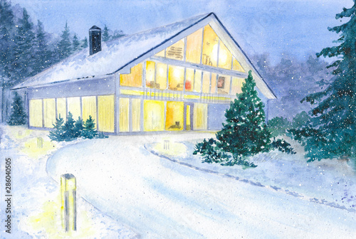 watercolor house in the winter in the forest, a lot of light