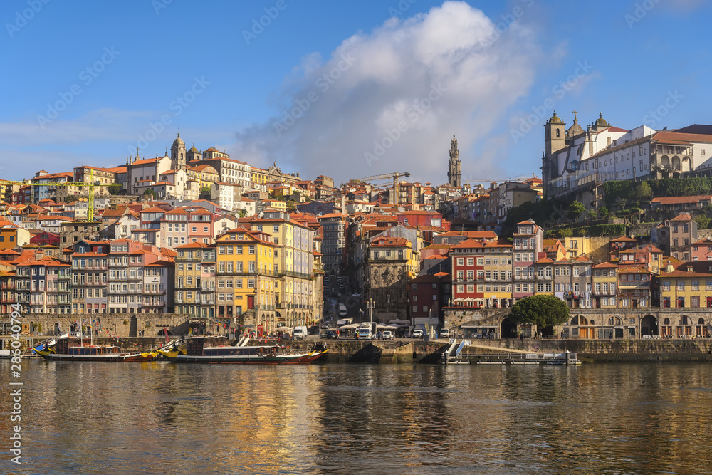Porto Portugal city skyline at Porto Ribeira and Douro River