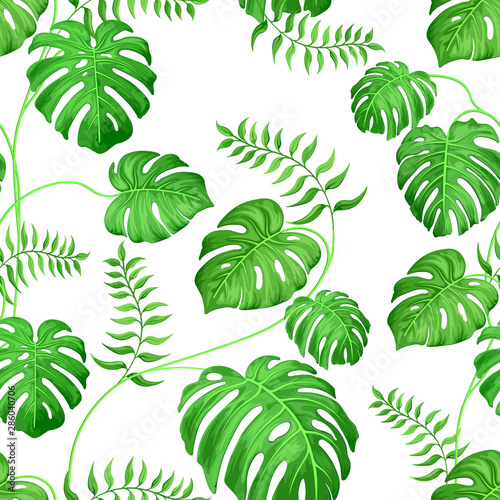 Seamless background with monster leaves and palm tropical plants. Exotic monster leaves on white.