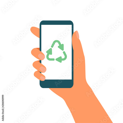 Hand holds mobile phone with green recycling symbol on the display. Waste recycle management onboarding mobile app page screen. Vector illustration