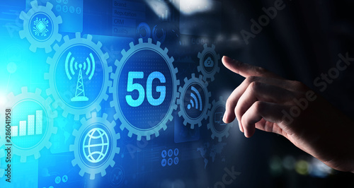5G Fifth generation of mobile internet. Fast connection. Telecommunication concept on virtual screen.
