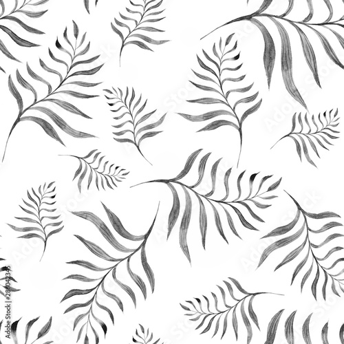 seamless pattern with compositions of hand drawn tropical palm leaves, jungle plants, paradise bouquet. Beautiful black and white sketch