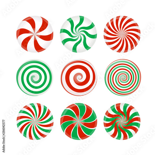 Striped candy without wrapper, Red and green caramel, Lollipop on white background.