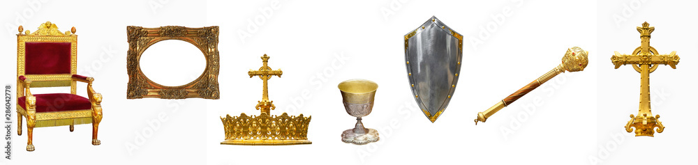 Royal gold antiques collection isolated on white background Royal gold antiques collection isolated on white background