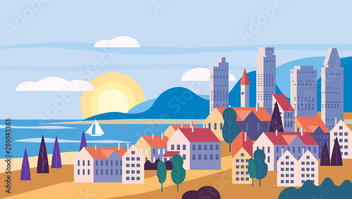 Cityscape sea ocean seashore landscape with buildings, mountains hills and trees sunset.
