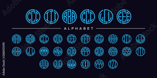set three letter circle blue font vector alphabet