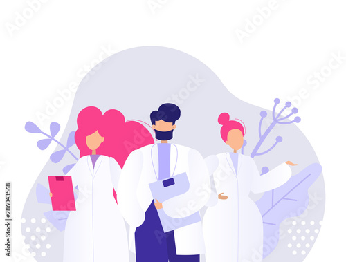 Different doctors. Consultation and diagnosis. Medical staff team concept in hospital. Cartoon vector characters