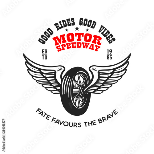 Custom motorcycles. Poster template with winged wheel. Design element for poster, logo, label, sign, badge. Vector illustration