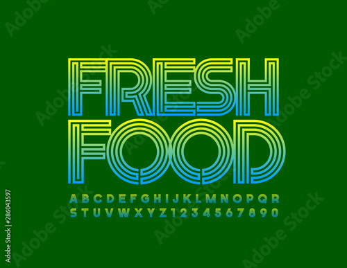 Vector bright Sign Fresh Food. Stylish colorful Font. Unique Alphabet Letters and Numbers.