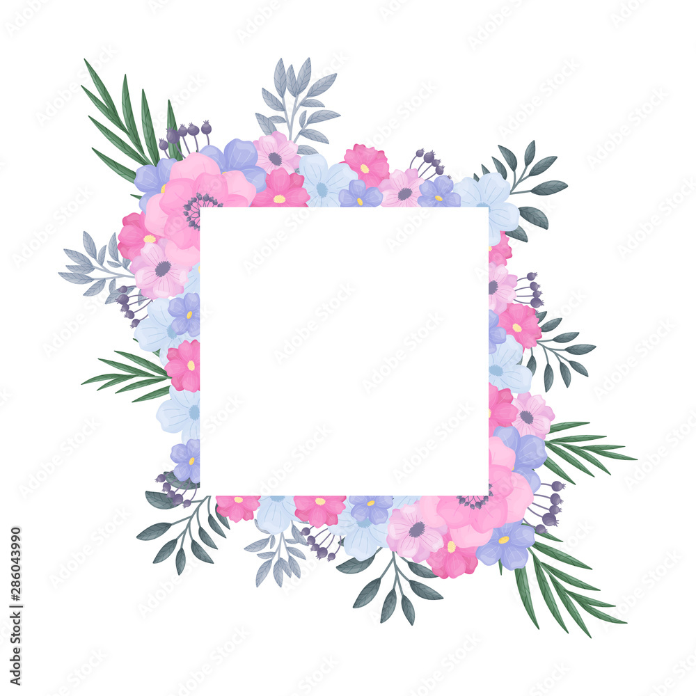 White square among flowers and leaves. Vector illustration on a white background.