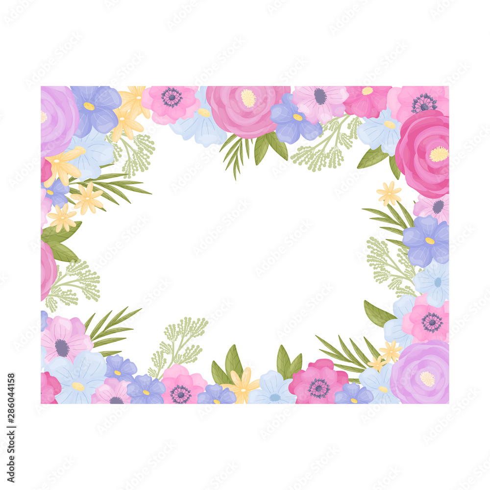 Rectangular frame of flowers with smooth outer edges. Vector illustration on a white background.