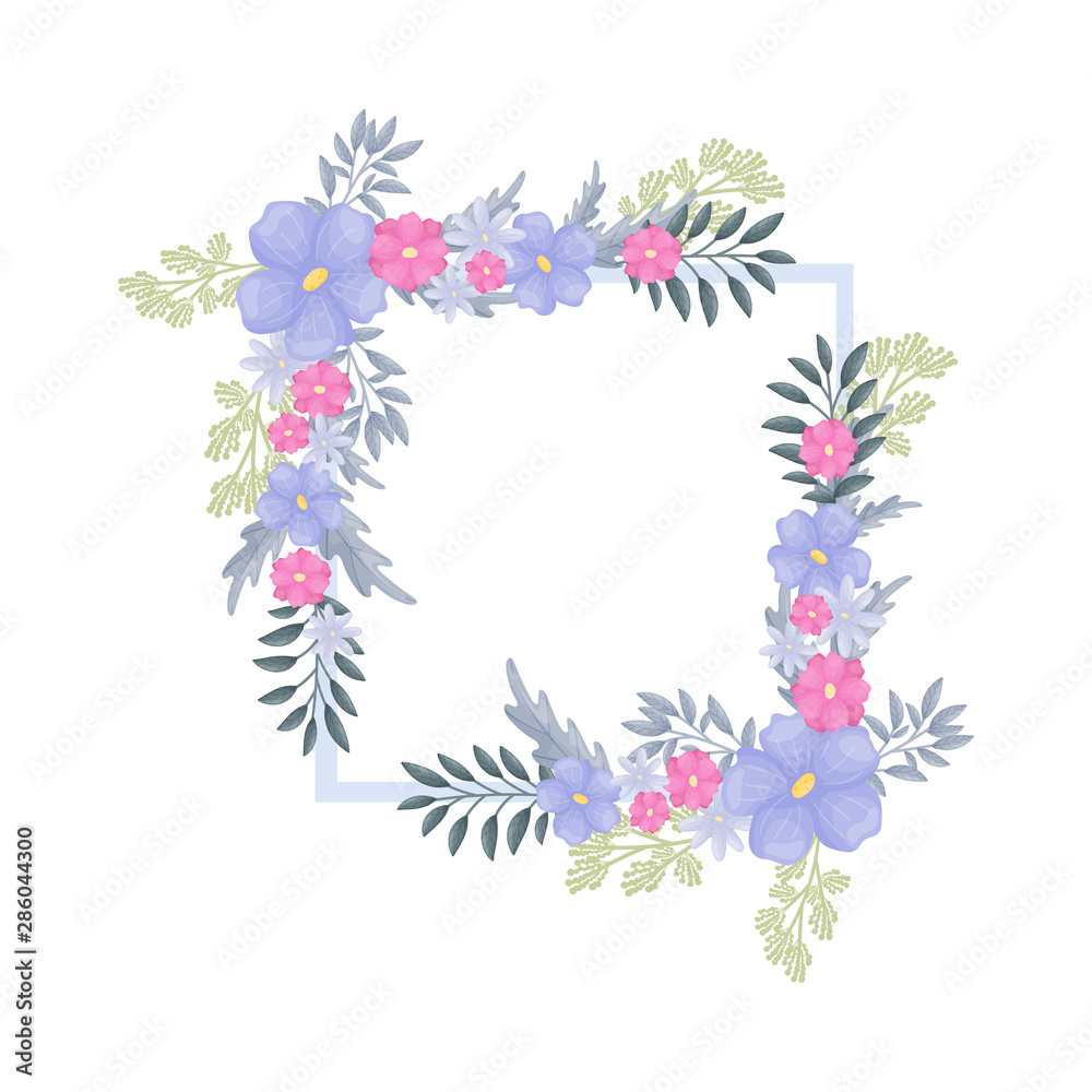 Symmetrical floral arrangements in the corners of the frame. Vector illustration on a white background.