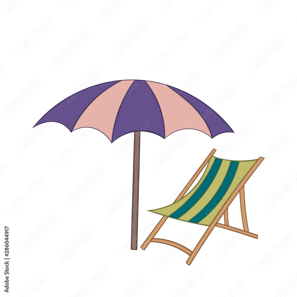 beach chair and umbrella. Isolated illustration on a white background in cartoon style. Design element. beach chair and umbrella. Isolated illustration on a white background in cartoon style. Design element.