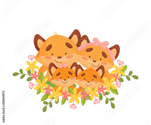 Cartoon family of four foxes among the flowers. Vector illustration on a white background.