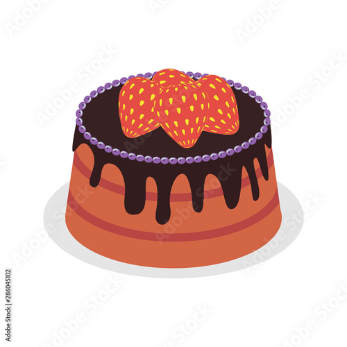 chocolate dipped cake with several strawberry and blueberry cakes