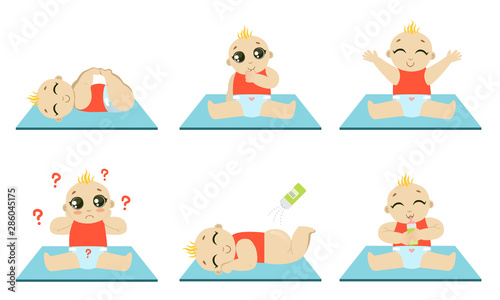 Cute Happy Baby Daily Routine Set, Adorable Kid Sitting, Playing, Drinking Milk Vector Illustration